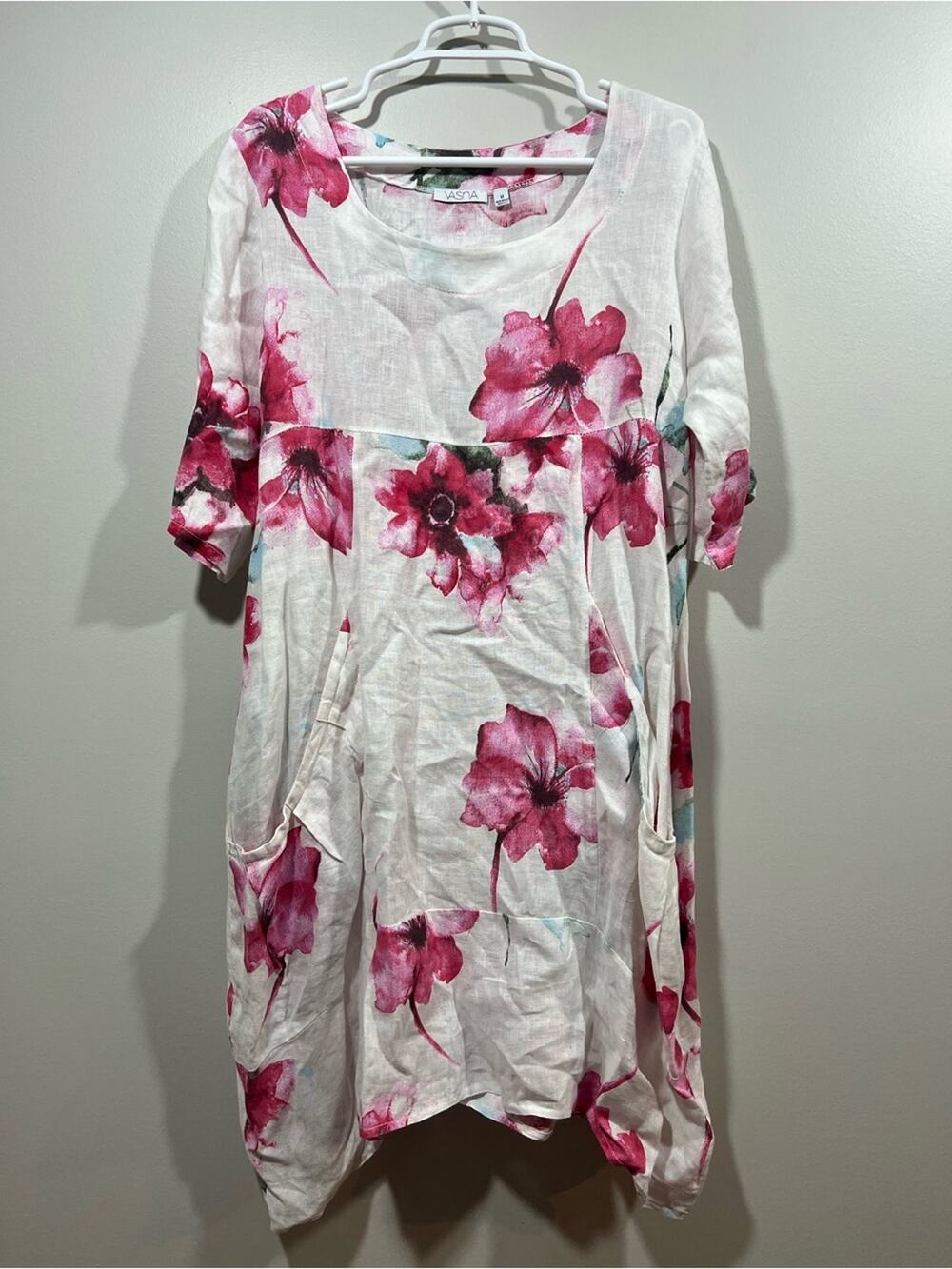 Vasna White Linen-Blend Dress with Pink Floral Print Medium